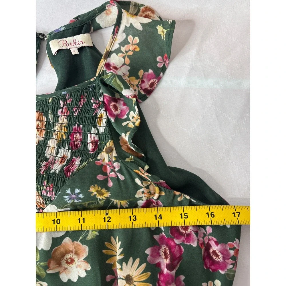 Parker Green Floral Silk Blend Smocked Ruffle Romper Sz S Garden-Party Boho-Chic